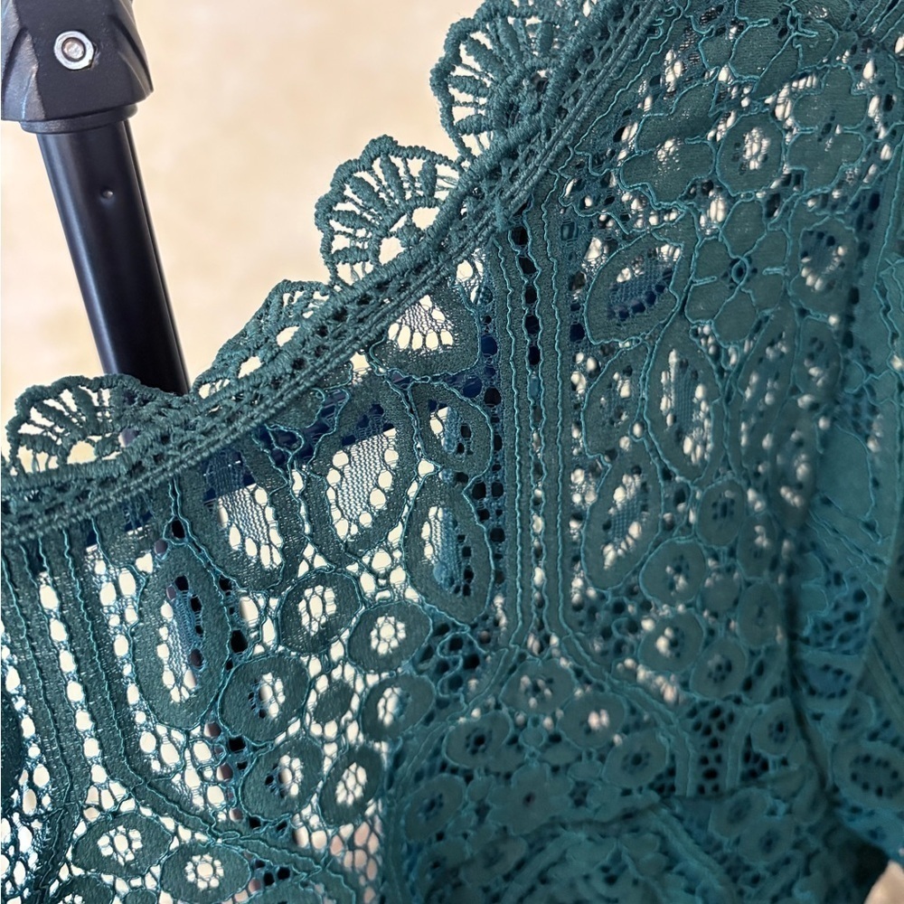 Lulu’s CLOSET CLEANOUT Forest Green Sheer Lace Short Sleeve Mini Dress size S - Picture 6 of 7